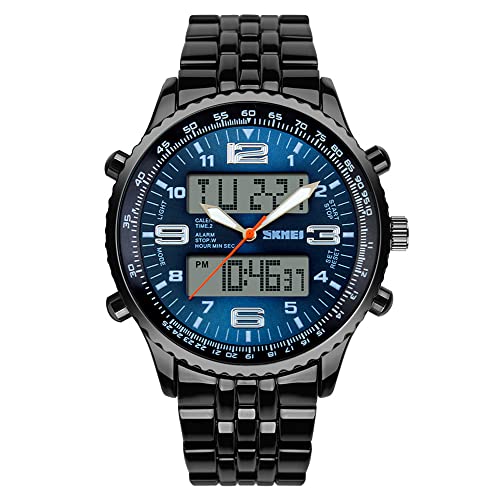 FENKOO Herren Sportuhr Japanischer Quartz LCD/Kalender/Chronograph/Wasserdicht/Duale Zeitzonen/Alarm Edelstahl Band Armbanduhr Blau von FENKOO