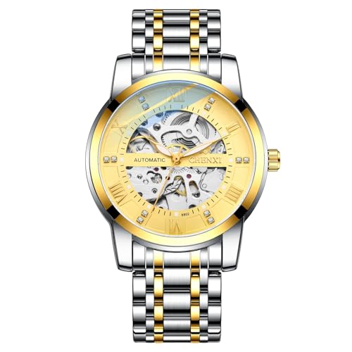 FENKOO Herrenuhren Skeleton Tourbillon Mechanische Automatikuhr for Männer Klassische wasserdichte Armbanduhr aus Edelstahl (Farbe : Gold) von FENKOO