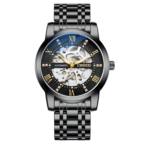 FENKOO Herrenuhren Skeleton Tourbillon Mechanische Automatikuhr for Männer Klassische wasserdichte Armbanduhr aus Edelstahl (Farbe : Schwarz) von FENKOO