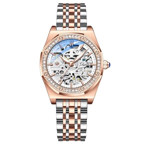 FENKOO Hohle vollautomatische mechanische Damenuhr, modische Diamant-Stahlband wasserdichte leuchtende Uhr (Farbe : Rose Gold) von FENKOO