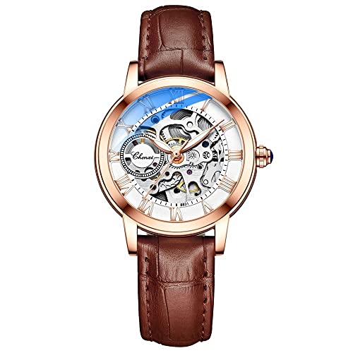 FENKOO Lässige Damenuhr Gürtel Rose Gold Shell leuchtende wasserdichte automatische Skelett mechanische Uhr (Farbe : Braun) von FENKOO