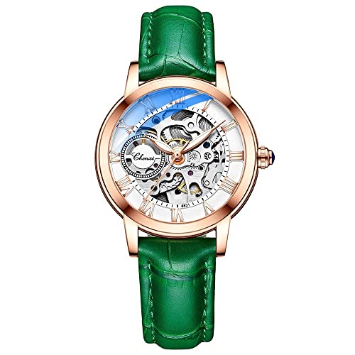 FENKOO Lässige Damenuhr Gürtel Rose Gold Shell leuchtende wasserdichte automatische Skelett mechanische Uhr (Farbe : Grün) von FENKOO