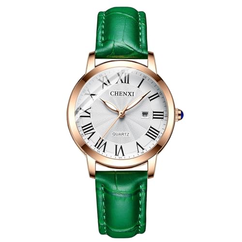 FENKOO Leder Quarzuhr Damenuhr, Luxuriöse Freizeituhr for Damen Wasserdicht Modisch Analoge Damen-Armbanduhr Aus Leder (Farbe : Green) von FENKOO