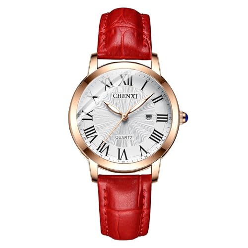 FENKOO Leder Quarzuhr Damenuhr, Luxuriöse Freizeituhr for Damen Wasserdicht Modisch Analoge Damen-Armbanduhr Aus Leder (Farbe : Rot) von FENKOO