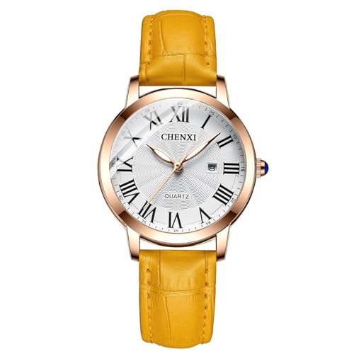 FENKOO Leder Quarzuhr Damenuhr, Luxuriöse Freizeituhr for Damen Wasserdicht Modisch Analoge Damen-Armbanduhr Aus Leder (Farbe : Yellow) von FENKOO