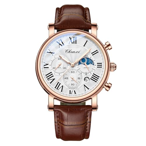 FENKOO Luxus Business Männer Mond Phase Datum wasserdichte Multifunktions Männliche Armbanduhr Zifferblatt Quarz Leder Uhren (Farbe : Brown White) von FENKOO
