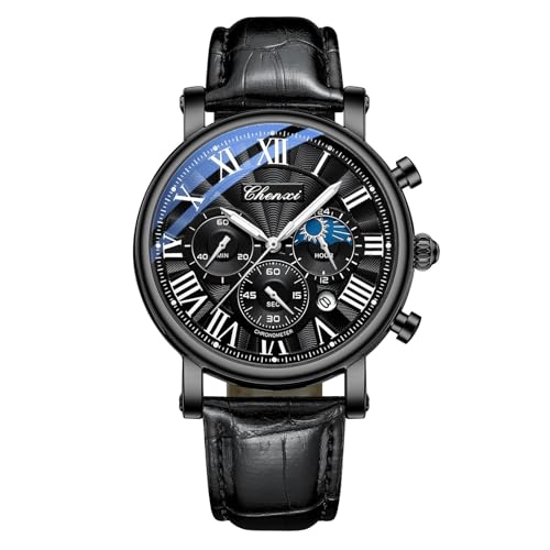 FENKOO Luxus Business Männer Mond Phase Datum wasserdichte Multifunktions Männliche Armbanduhr Zifferblatt Quarz Leder Uhren (Farbe : Schwarz) von FENKOO