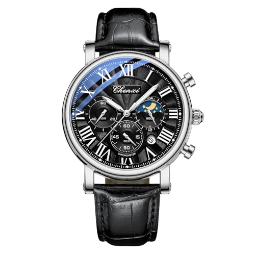 FENKOO Luxus Business Männer Mond Phase Datum wasserdichte Multifunktions Männliche Armbanduhr Zifferblatt Quarz Leder Uhren (Farbe : Schwarzes Silber) von FENKOO