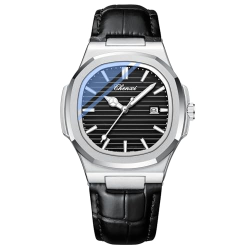 FENKOO Luxus Business Mann Armbanduhr Wasserdicht Leucht Datum Uhr for Männer Quarz Uhr Leder Herren Uhren (Farbe : Schwarz) von FENKOO