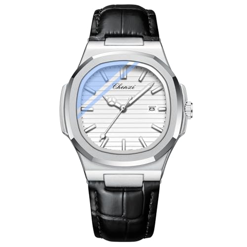 FENKOO Luxus Business Mann Armbanduhr Wasserdicht Leucht Datum Uhr for Männer Quarz Uhr Leder Herren Uhren (Farbe : Weiß) von FENKOO