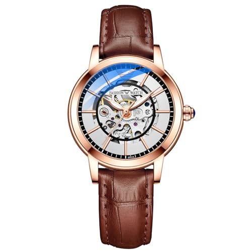 FENKOO Luxus Frauen Mechanische Uhren Wasserdicht Automatische Uhr Rose Gold Damen Skelett Uhr (Farbe : Braun) von FENKOO