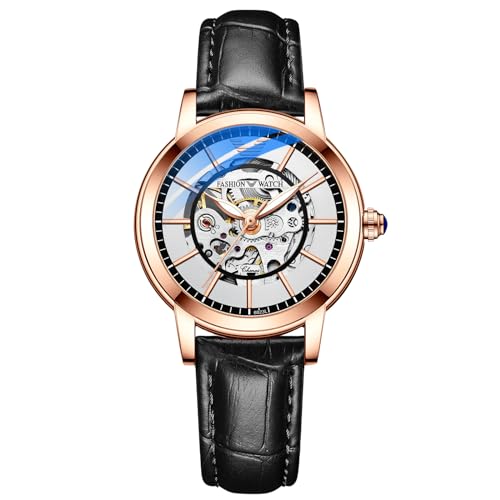 FENKOO Luxus Frauen Mechanische Uhren Wasserdicht Automatische Uhr Rose Gold Damen Skelett Uhr (Farbe : Schwarz) von FENKOO