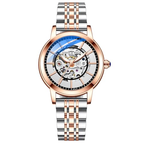 FENKOO Luxus Frauen Mechanische Uhren Wasserdicht Automatische Uhr Rose Gold Damen Skelett Uhr (Farbe : Silber) von FENKOO