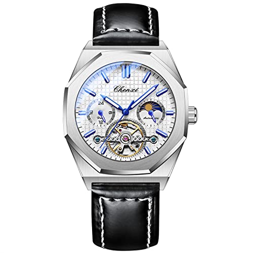 FENKOO Männer automatische mechanische Datum schwarzes Leder-Band-Armbanduhr von FENKOO