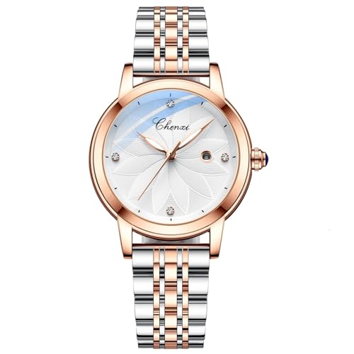 FENKOO Mechanische Damenuhr Sekundenzeiger Uhrwerk Skelettierte Transluzente Rückwand Diamanten Kalender Stahlband Armbanduhr von FENKOO
