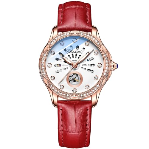 FENKOO Mechanische Damenuhren,Ausgehöhlte automatische Diamant wasserdicht leuchtende Damenuhr Frauen mechanisch relogio Feminino (Farbe : Rot) von FENKOO