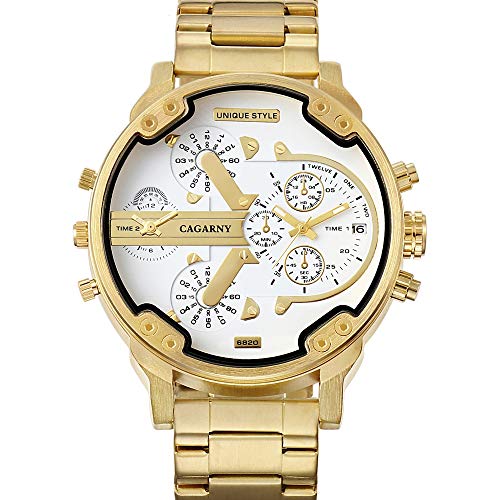 FENKOO Mens-Armbanduhr 6820 beiläufige Japanischen Bewegungs-Quarz-Uhren, Edelstahl-Uhren for Männer Gold- (Farbe : White) von FENKOO