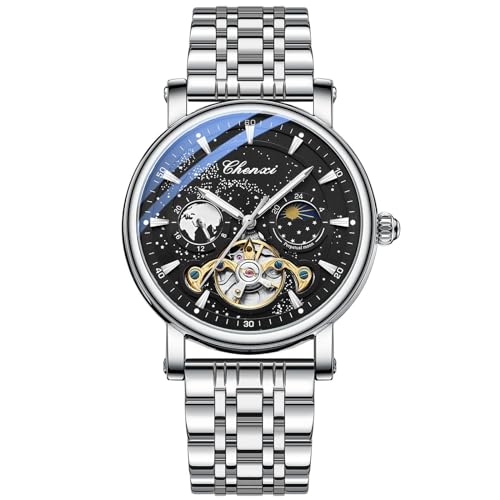 FENKOO Mode Automatische Mechanische Uhren Luxus Lederband Business Uhr for Männer Skeleton Leuchtende (Farbe : Black+) von FENKOO