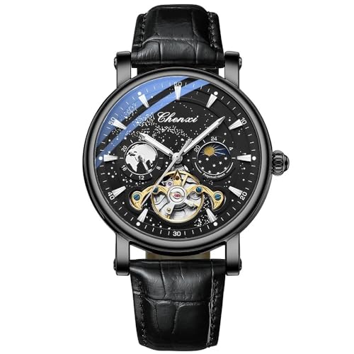 FENKOO Mode Automatische Mechanische Uhren Luxus Lederband Business Uhr for Männer Skeleton Leuchtende (Farbe : Schwarz) von FENKOO