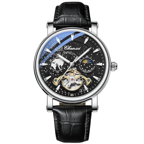 FENKOO Mode Automatische Mechanische Uhren Luxus Lederband Business Uhr for Männer Skeleton Leuchtende (Farbe : Silber) von FENKOO