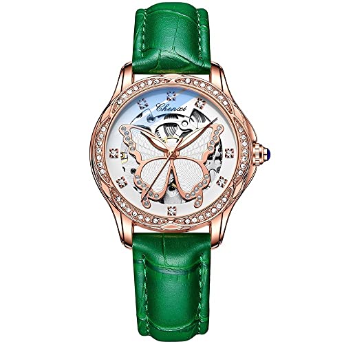 FENKOO Mode Damen Automatik Mechanische Uhr Rose Gold Schmetterling Zifferblatt Leuchtend Diamant wasserdichte Uhr (Farbe : Grün) von FENKOO