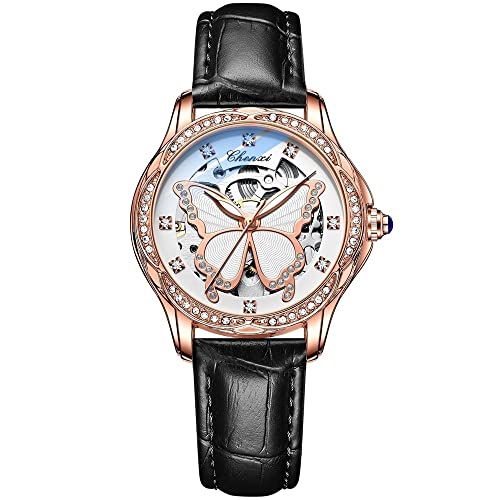 FENKOO Mode Damen Automatik Mechanische Uhr Rose Gold Schmetterling Zifferblatt Leuchtend Diamant wasserdichte Uhr (Farbe : Schwarz) von FENKOO