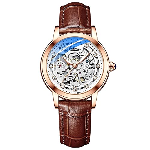 FENKOO Mode Damenuhr Gürtel Diamant Wasserdicht Automatik Skelett Mechanische Uhr (Farbe : Braun) von FENKOO