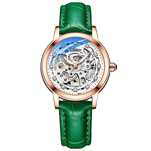 FENKOO Mode Damenuhr Gürtel Diamant Wasserdicht Automatik Skelett Mechanische Uhr (Farbe : Grün) von FENKOO