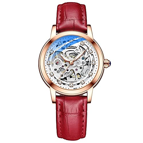 FENKOO Mode Damenuhr Gürtel Diamant Wasserdicht Automatik Skelett Mechanische Uhr (Farbe : Rot) von FENKOO