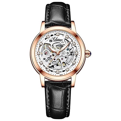 FENKOO Mode Damenuhr Gürtel Diamant Wasserdicht Automatik Skelett Mechanische Uhr (Farbe : Schwarz) von FENKOO