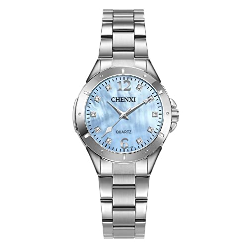 FENKOO Mode Damenuhr Leuchtendes Edelstahlband Diamant wasserdichte Quarzuhr (Farbe : Blau) von FENKOO