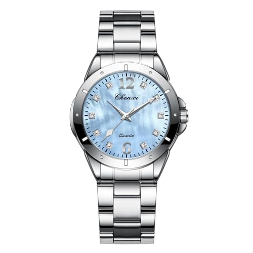 FENKOO Mode Damenuhr Stahlband Diamant Handgelenk wasserdicht Edelstahl Quarzuhr (Farbe : Blau) von FENKOO