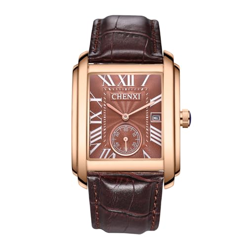 FENKOO Mode Klassische Quadratische Braun Lederband Armbanduhren Herren Luxus Marke Uhren Quarzuhr Montre Femme (Farbe : Braun) von FENKOO