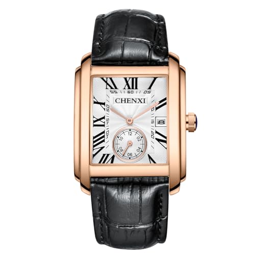 FENKOO Mode Klassische Quadratische Braun Lederband Armbanduhren Herren Luxus Marke Uhren Quarzuhr Montre Femme (Farbe : Rosegold Weiß) von FENKOO
