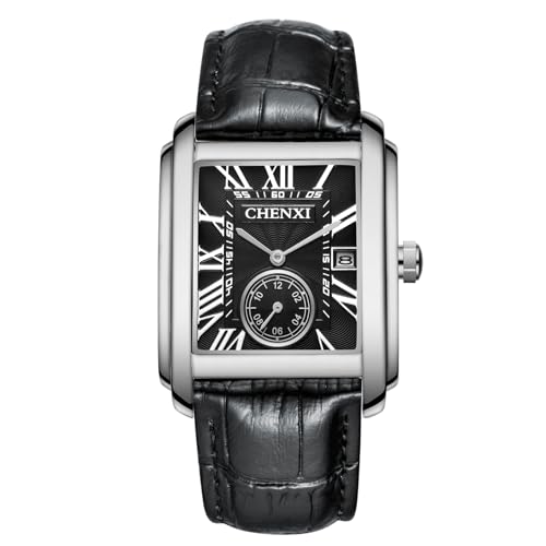 FENKOO Mode Klassische Quadratische Braun Lederband Armbanduhren Herren Luxus Marke Uhren Quarzuhr Montre Femme (Farbe : Schwarzes Silber) von FENKOO