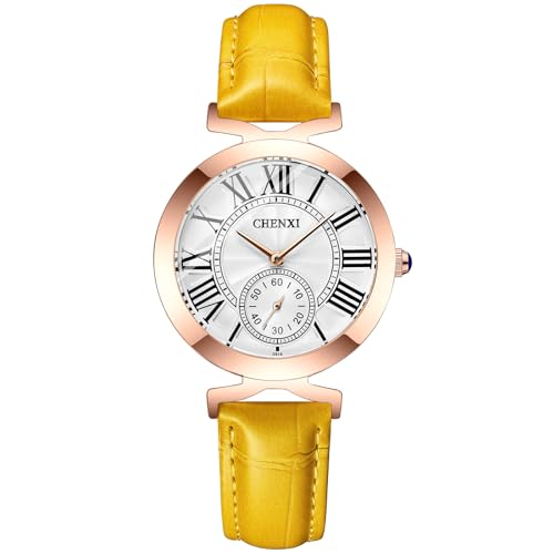 FENKOO Mode Quarz Rose Gold Frauen Uhr wasserdichte Damen Edelstahl Einfache Armbanduhren Luxus Kleid Weibliche Uhr (Farbe : Gelb) von FENKOO