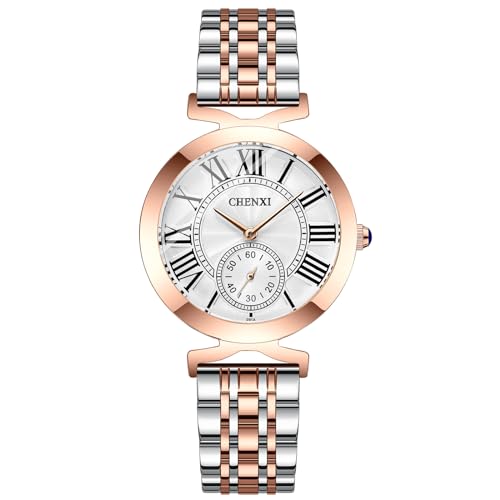 FENKOO Mode Quarz Rose Gold Frauen Uhr wasserdichte Damen Edelstahl Einfache Armbanduhren Luxus Kleid Weibliche Uhr (Farbe : Rosegold Weiß) von FENKOO