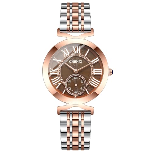 FENKOO Mode Quarz Rose Gold Frauen Uhr wasserdichte Damen Edelstahl Einfache Armbanduhren Luxus Kleid Weibliche Uhr (Farbe : Roségoldbraun) von FENKOO