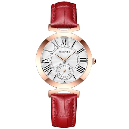 FENKOO Mode Quarz Rose Gold Frauen Uhr wasserdichte Damen Edelstahl Einfache Armbanduhren Luxus Kleid Weibliche Uhr (Farbe : Rot) von FENKOO