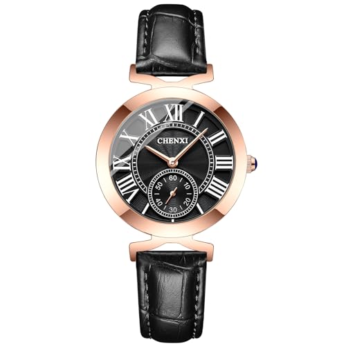 FENKOO Mode Quarz Rose Gold Frauen Uhr wasserdichte Damen Edelstahl Einfache Armbanduhren Luxus Kleid Weibliche Uhr (Farbe : Schwarz) von FENKOO