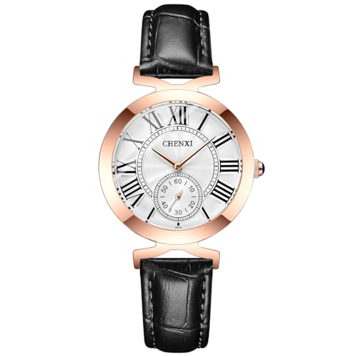 FENKOO Mode Quarz Rose Gold Frauen Uhr wasserdichte Damen Edelstahl Einfache Armbanduhren Luxus Kleid Weibliche Uhr (Farbe : Schwarz-Weiss) von FENKOO