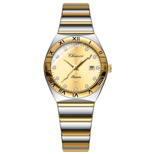 FENKOO Paar Quarzuhr Luxus Diamant Kalender Zifferblatt Casual Uhr Edelstahl Original Armbanduhren for Männer Frauen (Farbe : Frauen Golden) von FENKOO