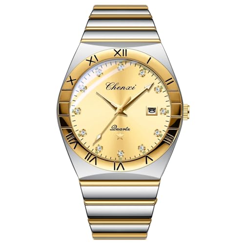 FENKOO Paar Quarzuhr Luxus Diamant Kalender Zifferblatt Casual Uhr Edelstahl Original Armbanduhren for Männer Frauen (Farbe : Männer Golden) von FENKOO