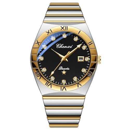 FENKOO Paar Quarzuhr Luxus Diamant Kalender Zifferblatt Casual Uhr Edelstahl Original Armbanduhren for Männer Frauen (Farbe : Männer Golen Schwarz) von FENKOO