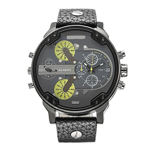 FENKOO Quarz-Uhren for Männer 6820 Lederband Uhren Militäruhr großen Zifferblatt Dual Time Zone Quarz-Uhr (Farbe : Green) von FENKOO