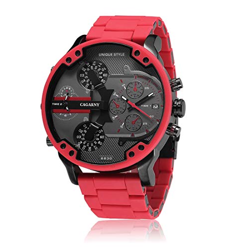 FENKOO Quarz-Uhren for Männer Militäruhr 6830 Stahlgürtel Uhren Kalender Dual Time Zone Armbanduhr (Farbe : Red) von FENKOO