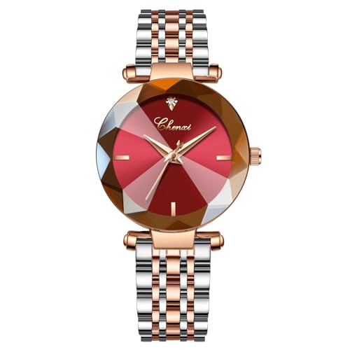 FENKOO Rose Gold Frauen Uhren wasserdichte Uhr Quarzuhr Damen Edelstahl Armbanduhr relogios Feminino (Farbe : Rot) von FENKOO