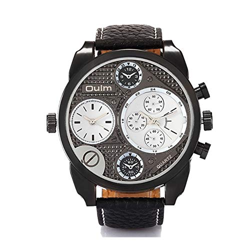 FENKOO beiläufige Uhr Männer Dual Time Zone Große Vorwahlknopf-Quarz-Leder-Uhr (Color : Black) von FENKOO