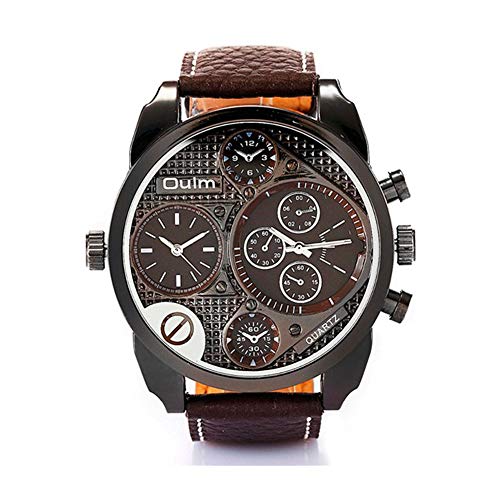 FENKOO beiläufige Uhr Männer Dual Time Zone Große Vorwahlknopf-Quarz-Leder-Uhr (Color : Brown) von FENKOO