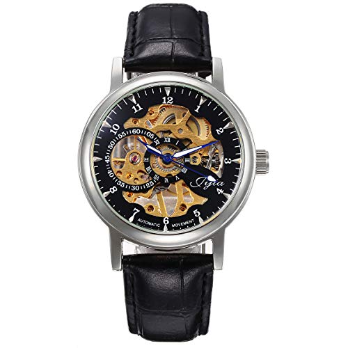 FENKOO Damen Totenkopfuhr Mechanischer Handaufzug Leder Band Armbanduhr Schwarz von FENKOO